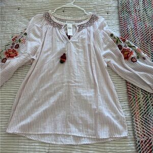 Anthropologie Velvet Light Pink Striped Embroidered Boho Tunic